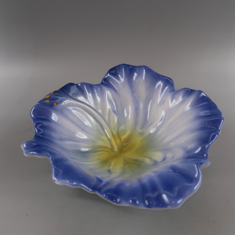Vintage Hand painted porcelain blue white floral Trinket dish Signed